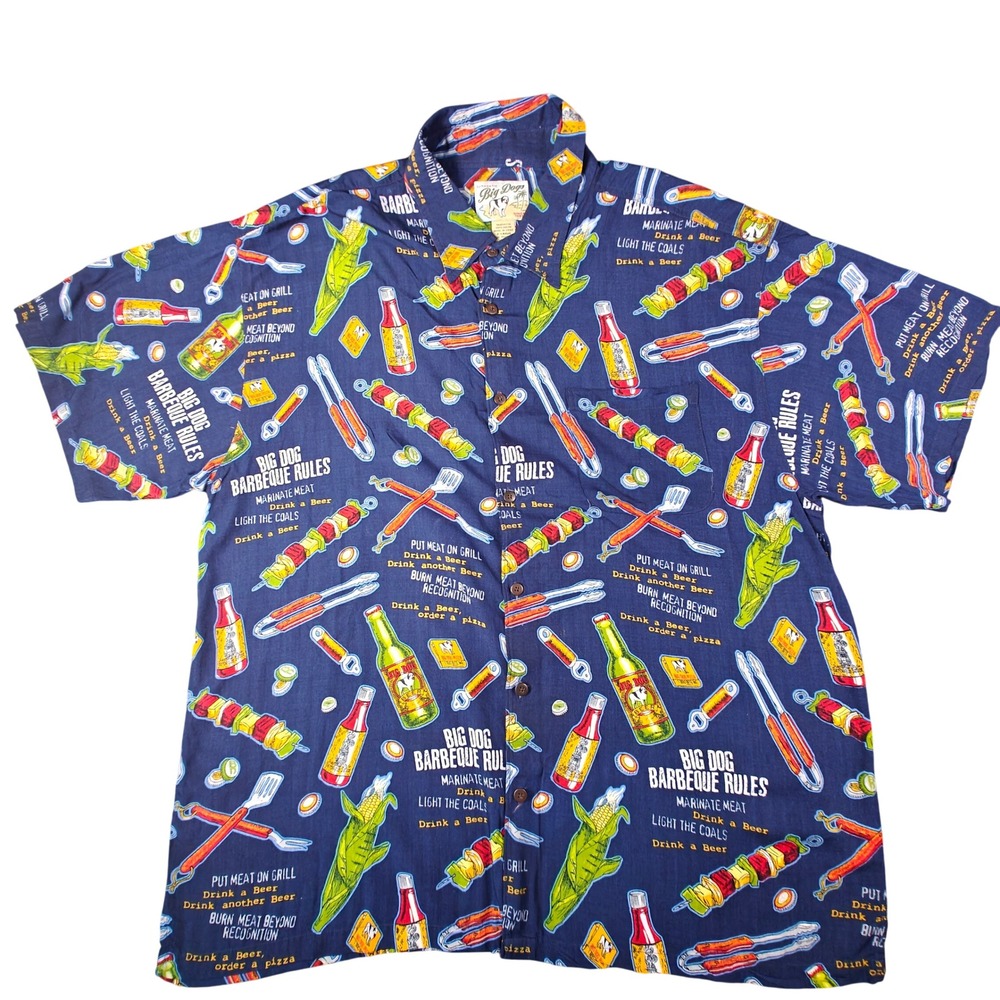 VTG 90's Big Dogs Barbeque Rules‎ Rayon Shirt Mens XL BBQ Novelty Camp Button Up